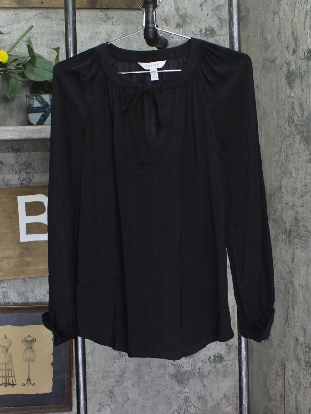 Nine West Black Nine West Woven Pleat Neck Tie Blouse Shirt Top S Sz S